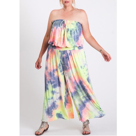 Plus Size Neon Tie Dye Cropped Wide Leg Jumpsuit - Picture 4 of 6